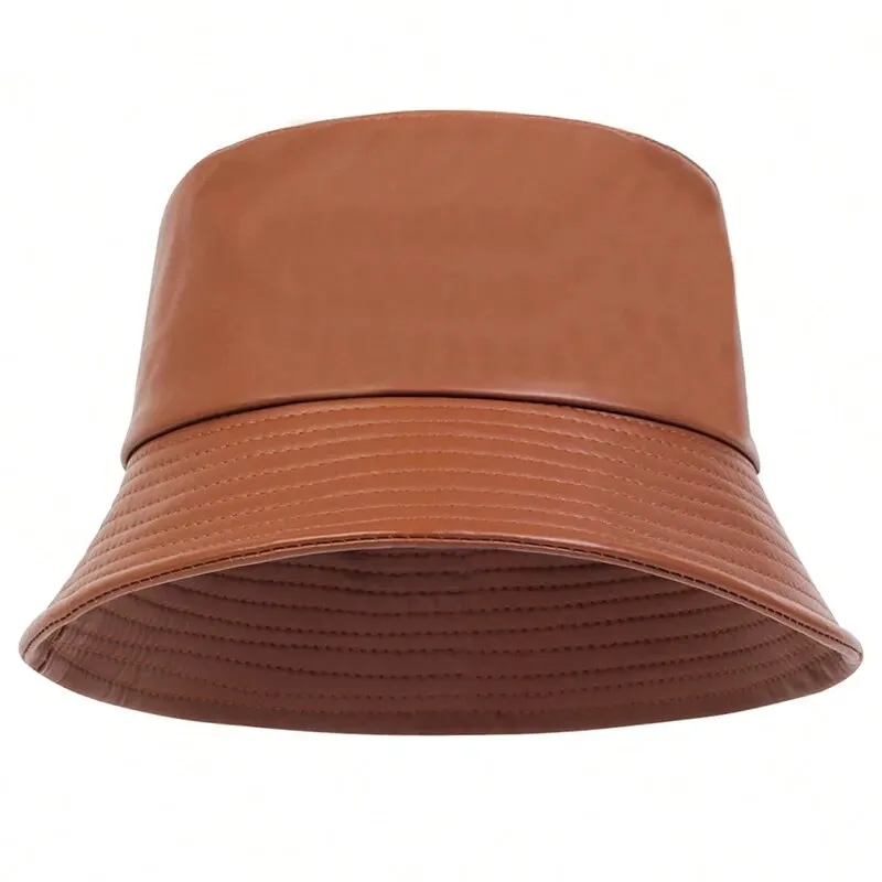 Unisex Einfarbiger Persönlicher PU-Leder Fischerhut Outdoor Freizeitmütze Sonnenschutzhut – Detail 6