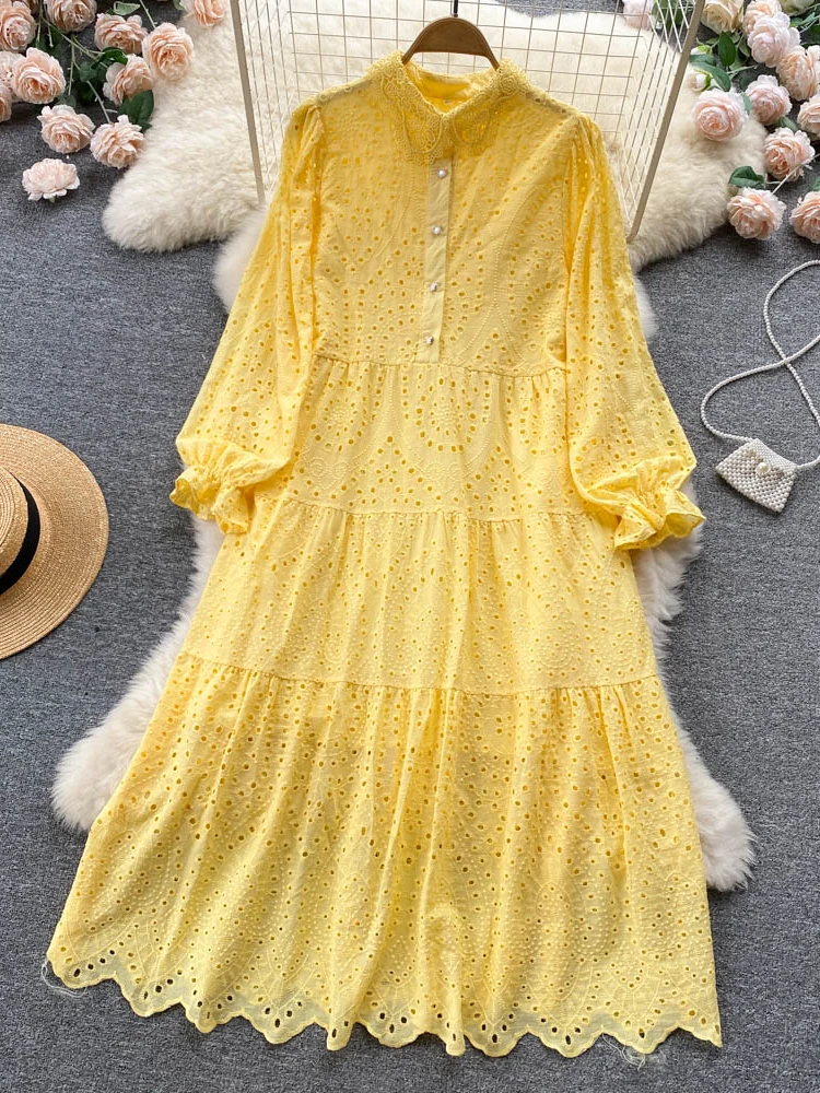

Summer Hollowed Out Dress Women Long Sleeve Lapel Loose Temperament A-shaped Dress Ladies Sweet Korea Chic Tide Elegant