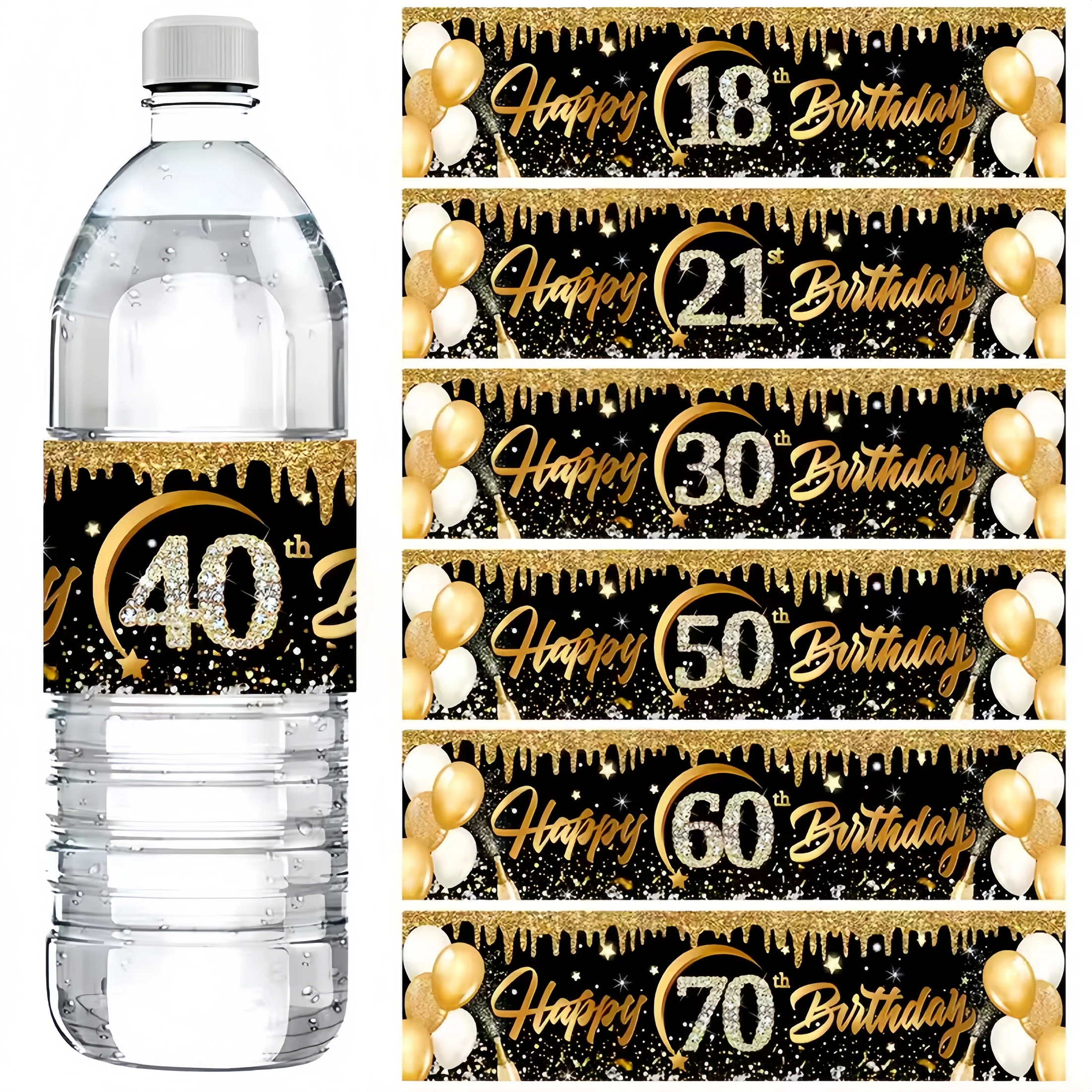 Elegant Black and Gold Birthday Bottle Stickers - Set of 12