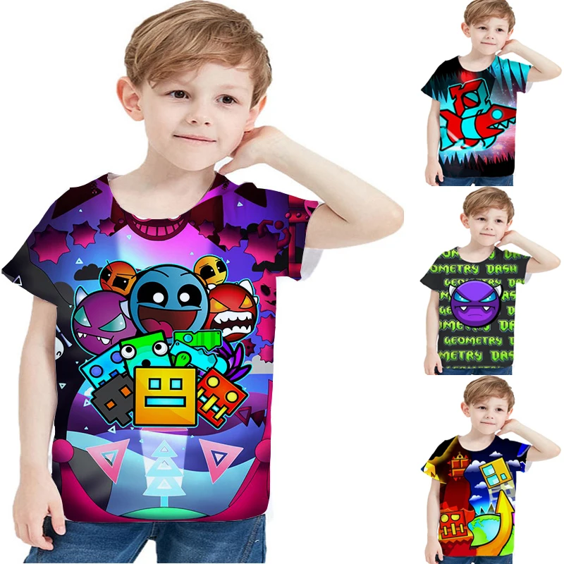 

Cartoon Geometry Dash Pattern T-shirt Kids Clothes Summer Casual Short Sleeve Tees Boys Girls O-neck T-Shirt Toddler Cute Tops