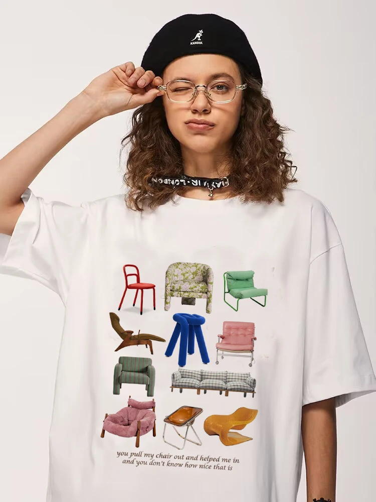 

Sunfiz T Shirt Women Pull Chairs Print Graphic Tee Kawaii Top Female Clothes Casual Y2k Vintage Aesthetic Streetwear Flora