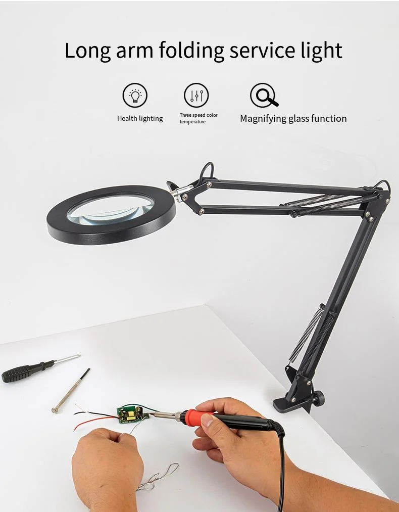 Eye-protecting reading and learning lamp, LED desk lamp for identification and maintenance work, with a foldable magnifying