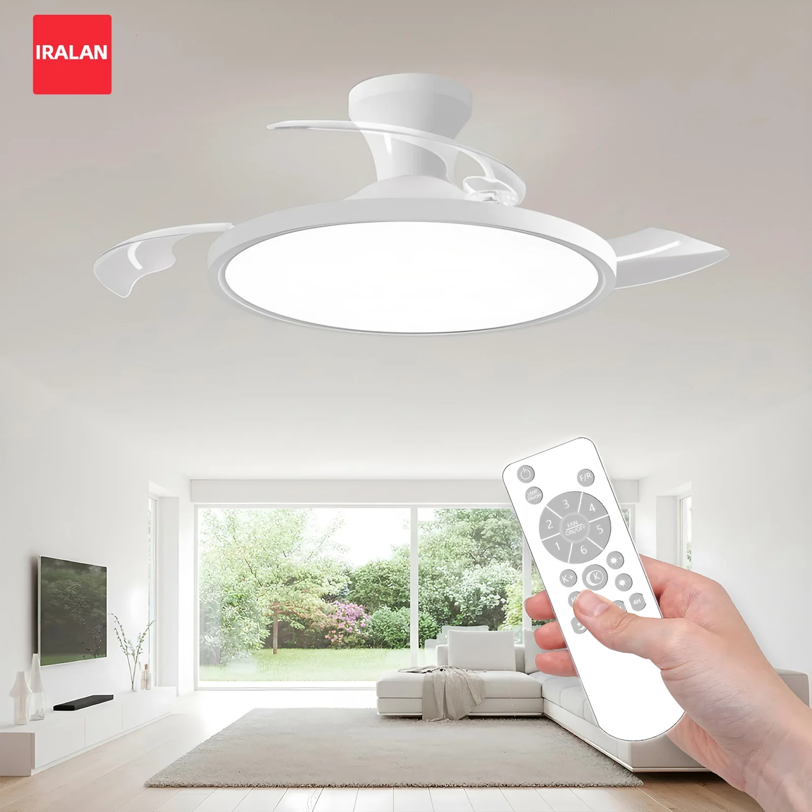 Ventilador de Techo Moderno IRALAN con Aspas Retráctiles Invisibles, Control Remoto por Aplicación, Lámpara de Ventilador para Dormitorio, Sala de Estar y Comedor