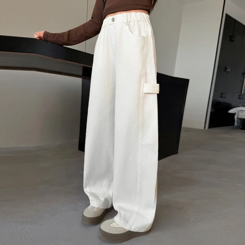 새로운 키즈 디자이너 화이트 곡선 청바지 십대 소녀를위한 코튼 패치 워크 데님 바지 어린이 봄 가을 세련된 바지