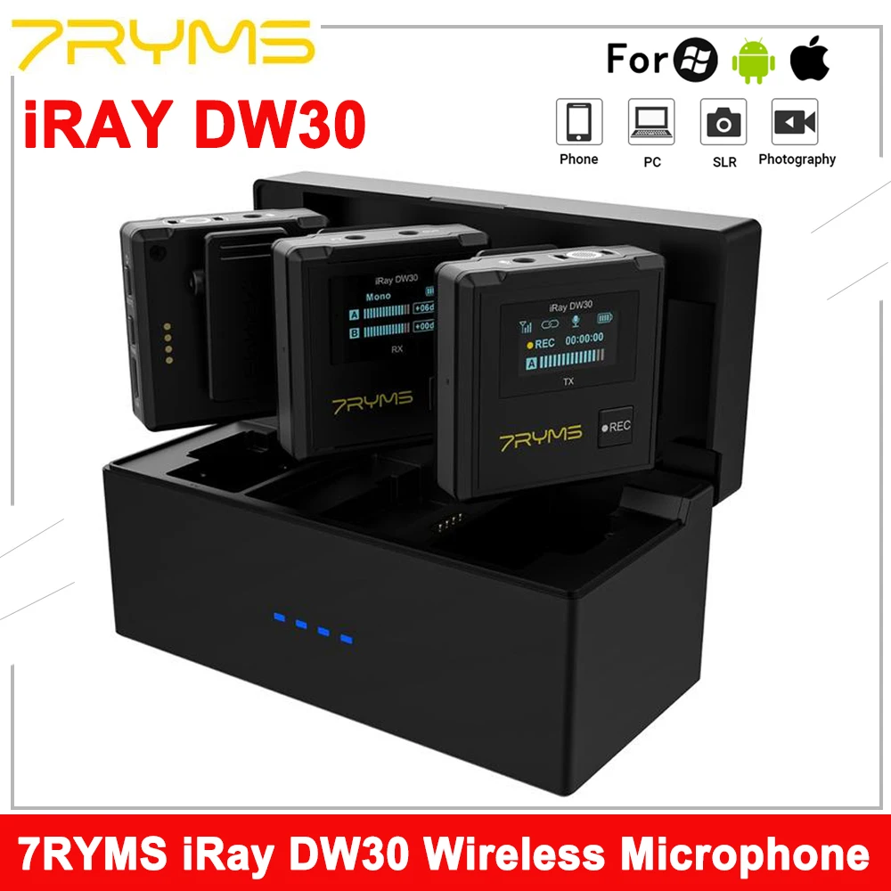 

Беспроводной петличный микрофон 7RYMS iRay DW30 2,4G, микрофон с отворотом и зарядным боксом для цифровой зеркальной камеры, телефона, Поддержка бортовой записи