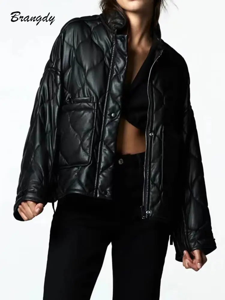 

Traf Women Winter Parkas Thick Pu Parkas Coat Winter Quilted Jacket Faux Leather Streetwear Cotton padded Coat Female Warm Coat