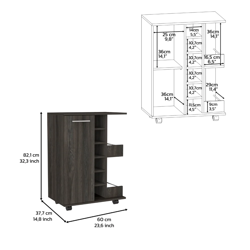 32" Oak Bar Cabinet with Wine Rack,Coffee Bar Table with 4 wheels Cabinet Storage Suitable for Home,Bars ,Cafes