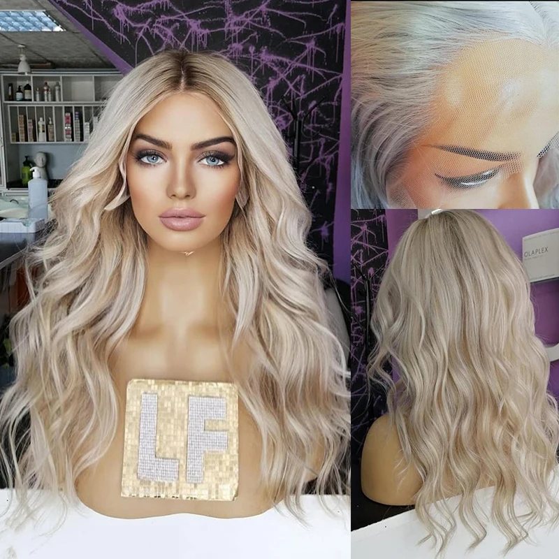 

Ombre Full Lace Human Hair Wigs Platinum Icy Blonde Loose Wave Wig Short Roots Plucked 13x6 Lace Frontal Wig HD Trasnaprent 180%