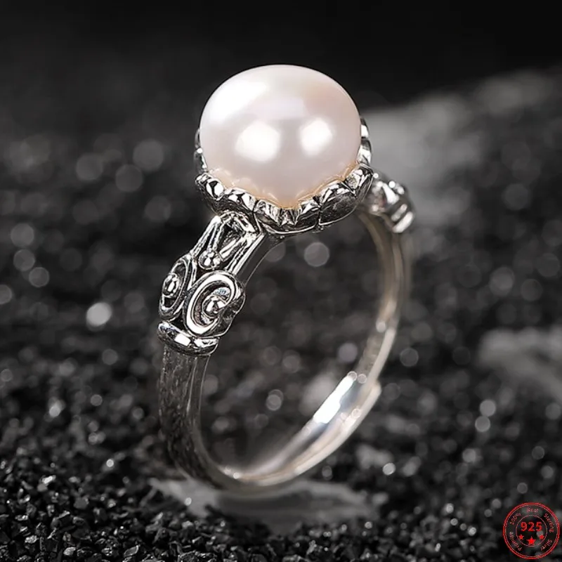

Genuine Real S925 Sterling Silver Rings for Women New Fashion Round Freshwater Pearl Vintage Ethnic Style Jewelry Adjustable