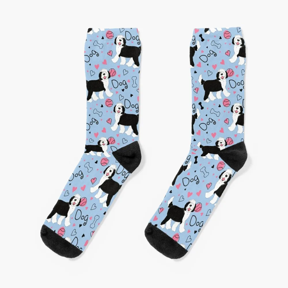 Cute Black and White Sheepadoodle Puppy Socks socks aesthetic Run Ladies Socks Men's