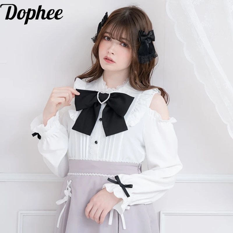 Dophee Japan Style S-6XL Women Blouses Off Shoulder Long Sleeve Lolita Shirts Elegant Love Bow Gothic Peter Pan Collar Tops