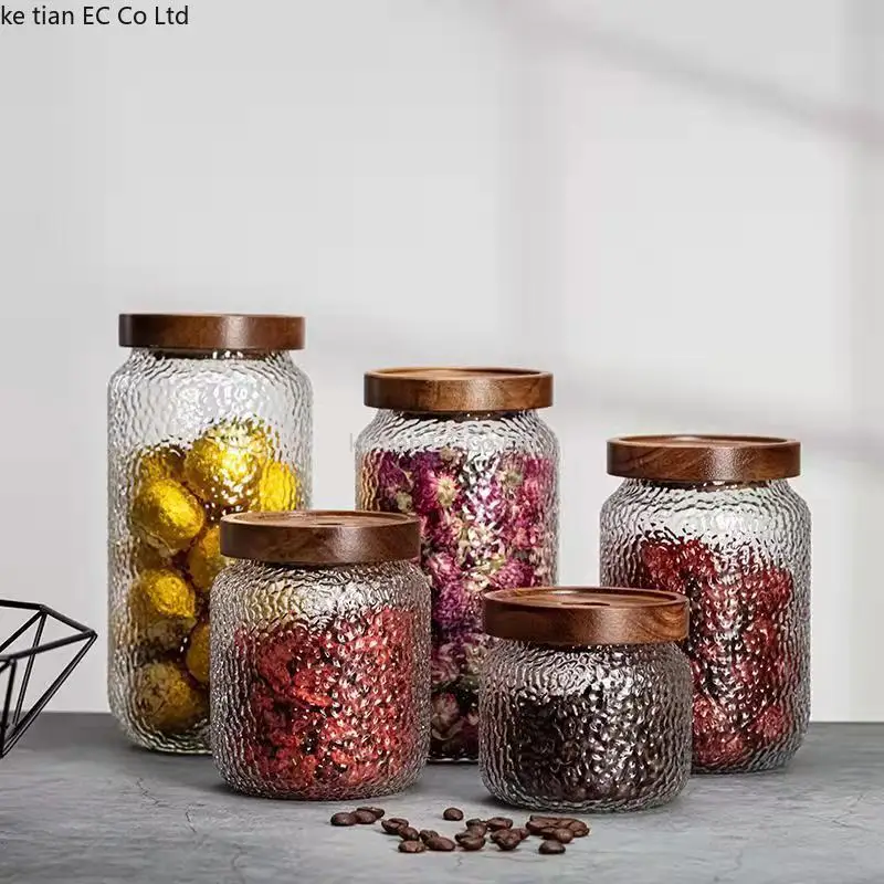 400-1000ML Acacia wood cover glass jar transparent hammered glass sealed jar spice storage bottle coffee bean tea storage jars 4