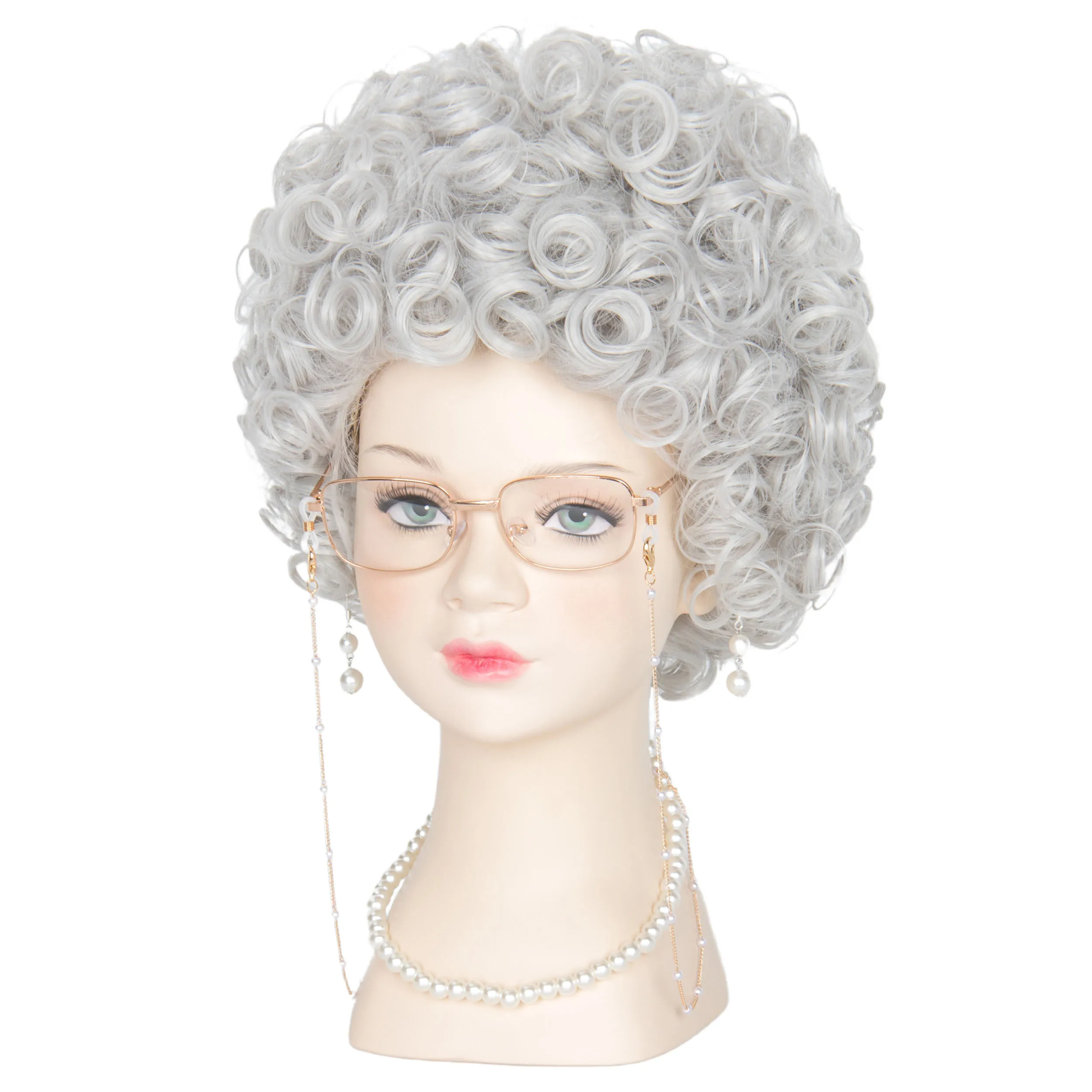 

Kids Wig Short Silver Gray Curly Wig With Glasses Necklace Earrings Glasses Chain For Granny Old Lady Grandmother