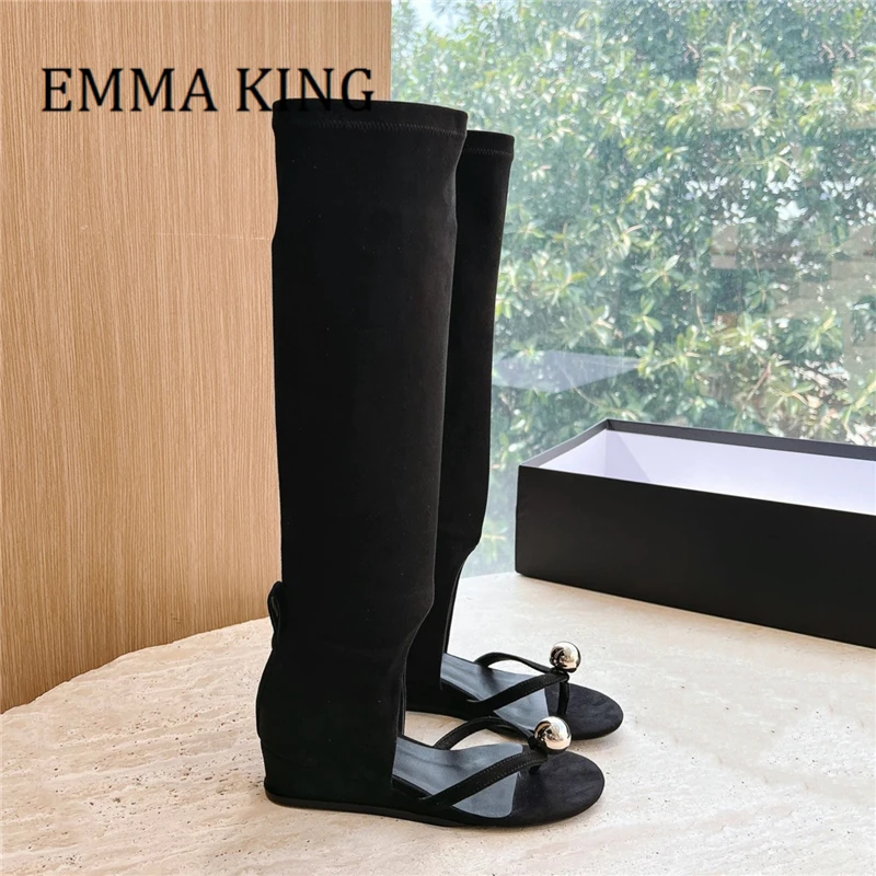 

Summer Women Embellished Suede Sandals Open Round Toe Mid Heels Boots Ladies Runway Style Side Zip Mid-calf Boot Botas De Mujer