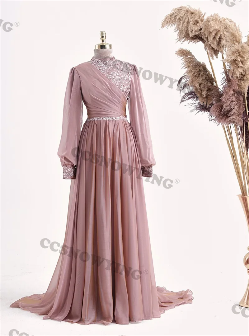 

Chiffon Appliques Beaded Muslim Evening Dresses Islamic Full Sleeve Hijab Women Formal Party Gown Arabic Dubai Robe De Soiree