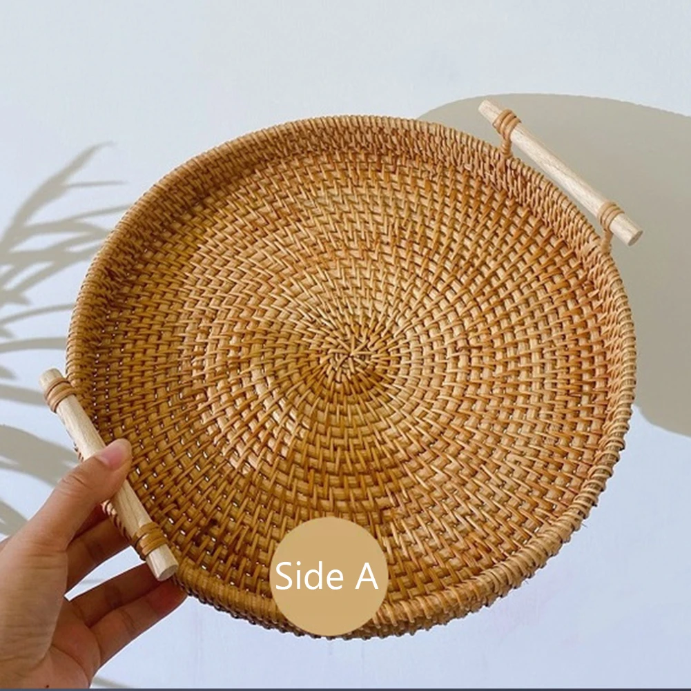 Handwoven Rattan Storage Tray Snack Bread Basket Tray Living Room Snacks Sundries Round Storage Basket Fruit Home Supplies