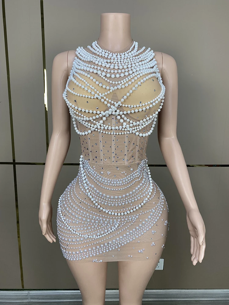 New Sexy Pearls Mini Evening Party Perfromance Dress For Women