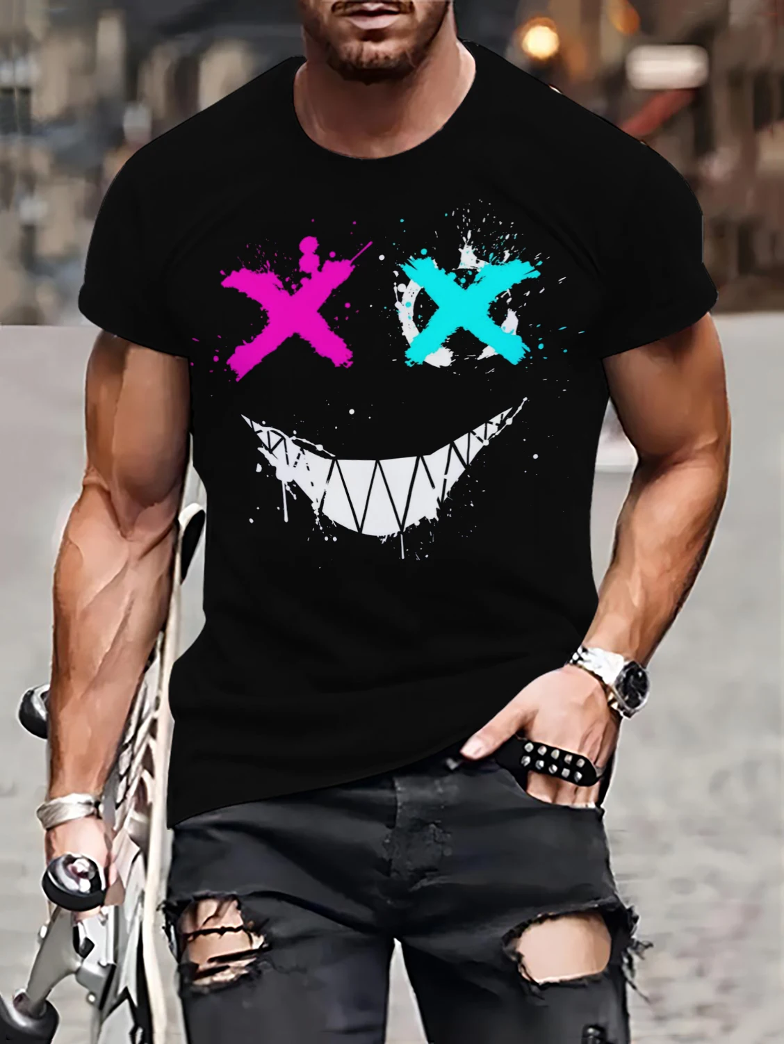 

Футболка мужская с забавным 3D-принтом улыбающегося лица, Модный повседневный топ с круглым вырезом и коротким рукавом, оверсайз, уличная мода, на лето