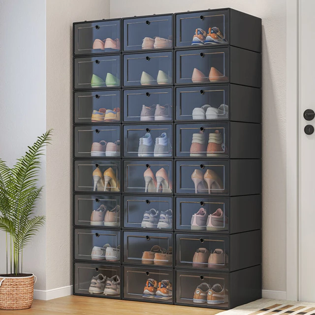 Boîte à chaussures portable pour salon, armoire de rangement empilable avec  portes et étagères, boîte à chaussures pour placard.