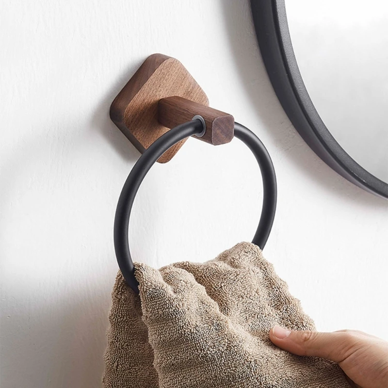 Aluminum Wood Towel Ring Hand Towel Holder Bathroom Rack Hanger Kitchen Wall Mount Heavy Duty Storage