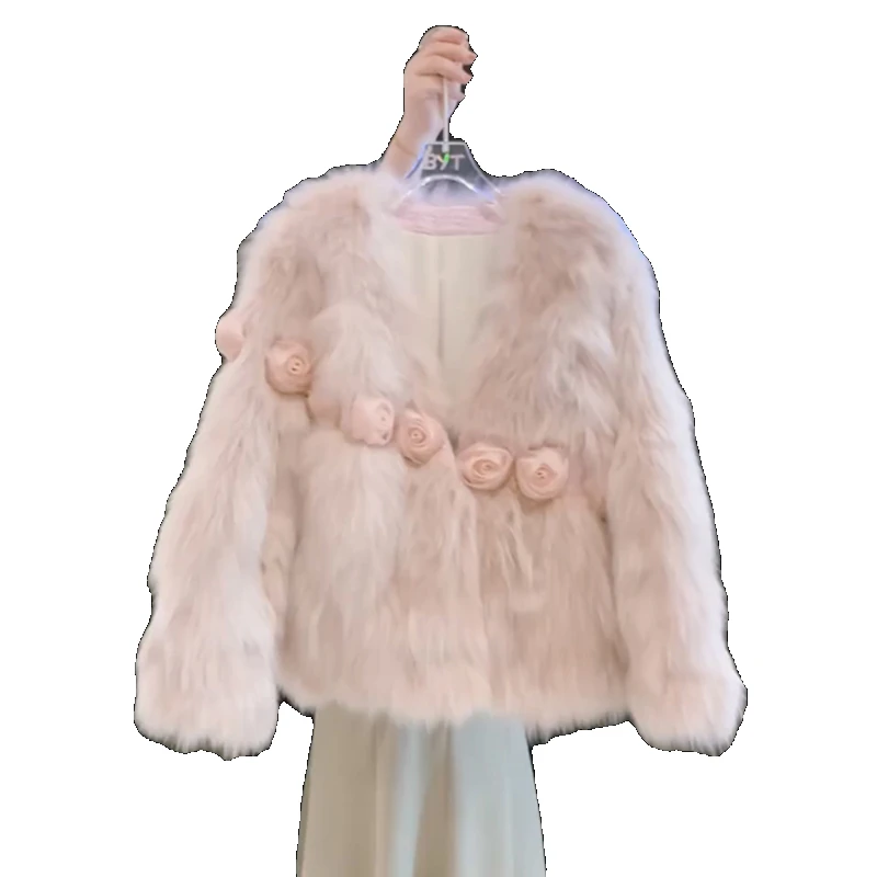 Korean Princess Style Faux Fox Fur Eco-friendly Fur Women's Coat 2023 Autumn Winter Fashion Long Sleeve V-neck Stitching Coat