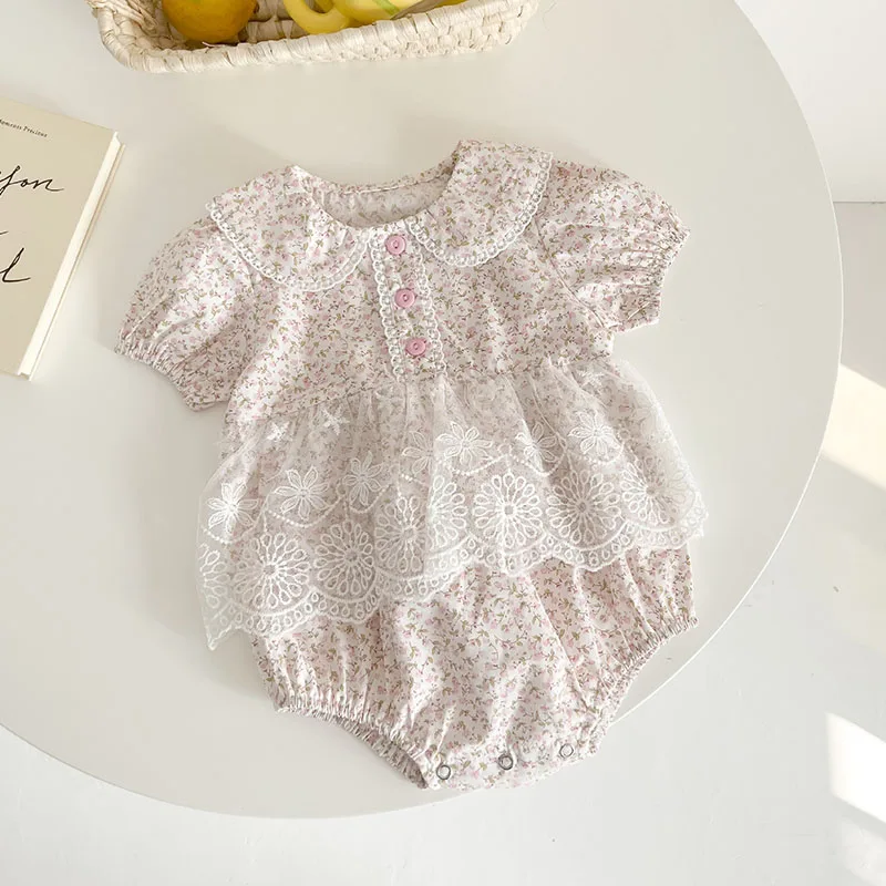 Summer Infant Baby Girls Short Sleeve Lace Printing Jumpsuit Cute Newborn Kids Baby Girls Clothes Rompers Kids Baby Girl Rompers best baby bodysuits Baby Rompers