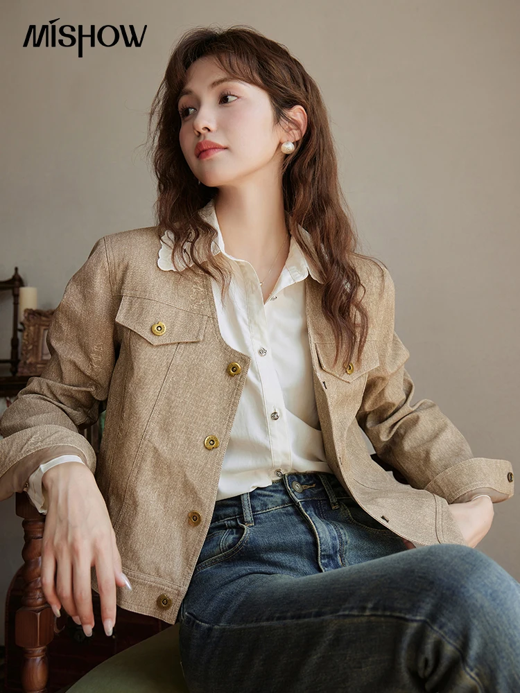 

MISHOW Denim Leather Short Jackets for Women Autumn 2023 Korean Casual Retro Button Pockets Female Streetwear Coats MXC41W0054