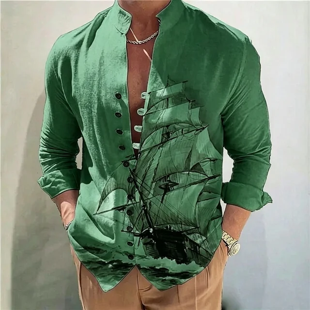 Chemise à col montant pour homme, imprimé bateau à voile vintage, boutonnée, coupe décontractée, chemisier de plage pour les vacances 1
