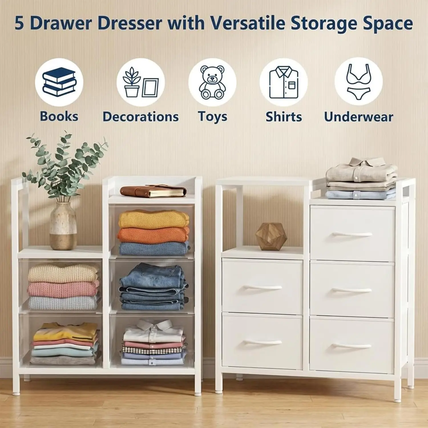 5-Schubladen-Kommode Stoff-Aufbewahrungsturm Organizer Schubladenschrank mit Offenem Ablagefach für Schlafzimmer Wohnzimmer Flur – Detail 9