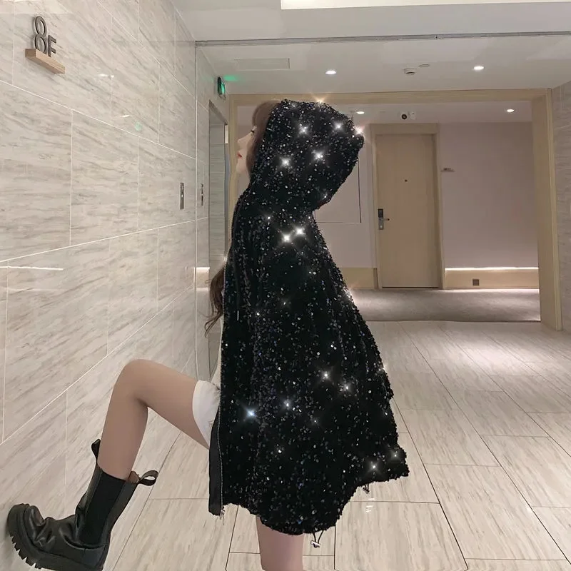 Starry Sky Hooded Coat Women 2023 Spring Korean Version Loose Versatile Short Thickened Cotton Coat Trendy INS Commuter Sequins