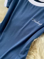 Foamlina Short Sleeve Knitted Skinny Bodysuit Women Summer Fashion Color Block Letters Embroidery O-neck Slim Body Top Jumpsuit - Image 5