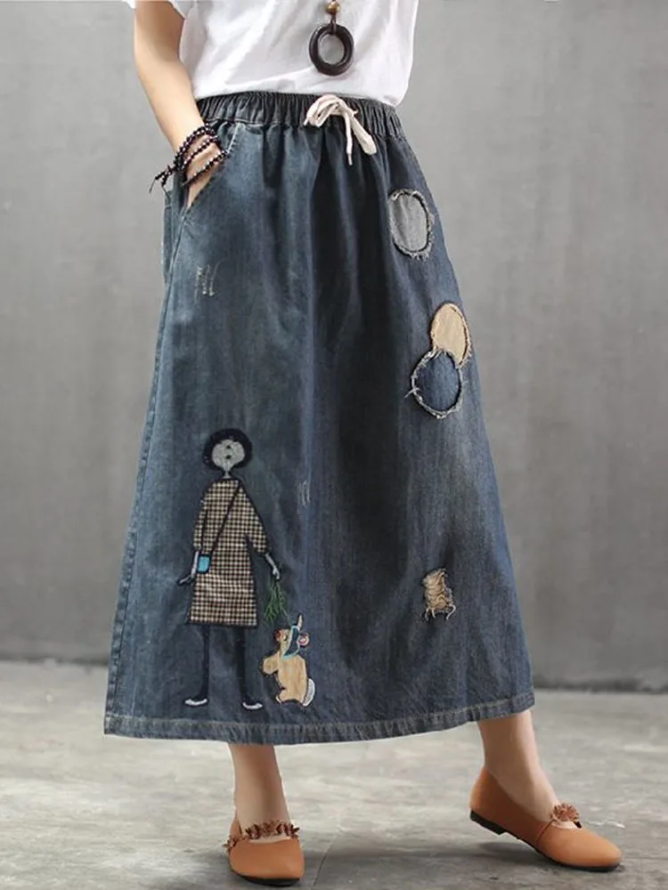 AmaxluluE 2025 Fashion Streetwear Women Summer Classic Embroidery Loose Denim Holes Skirts Ladies Casual Vintage Cartoon Clothes