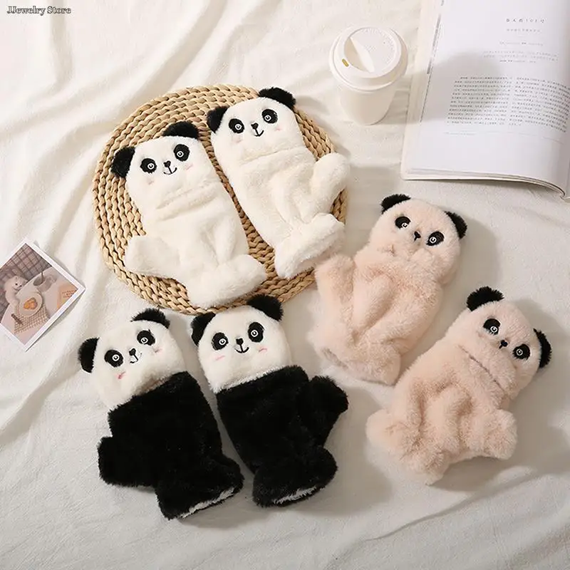 

Warm Winter Flap Plush Gloves Students Write Open-fingered Cartoon Panda Cycling Warm Gloves