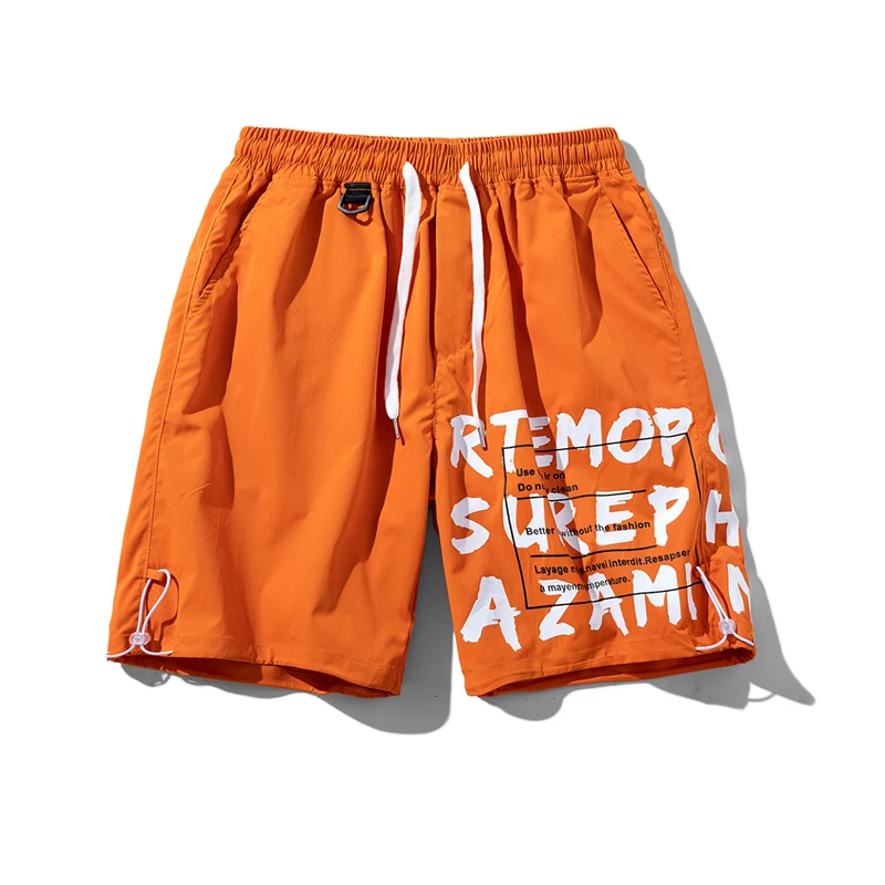 Men's Summer Elastic High Waist Pockets Letter Bandage Printing Drawstring Casual Loose Trousers Fashion Vacation Punk Shorts
