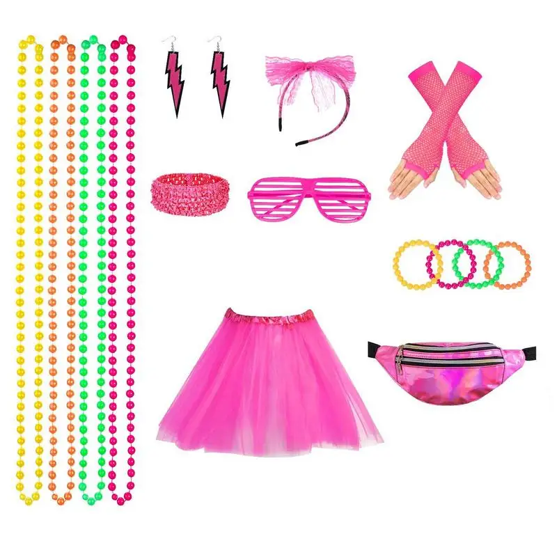 

80s Fancy Dress For Women Neon T-Shirt Necklace Earrings Fishnet Leg Warmers Tutu Skirt Set 80s Outfits Costume Set For Women