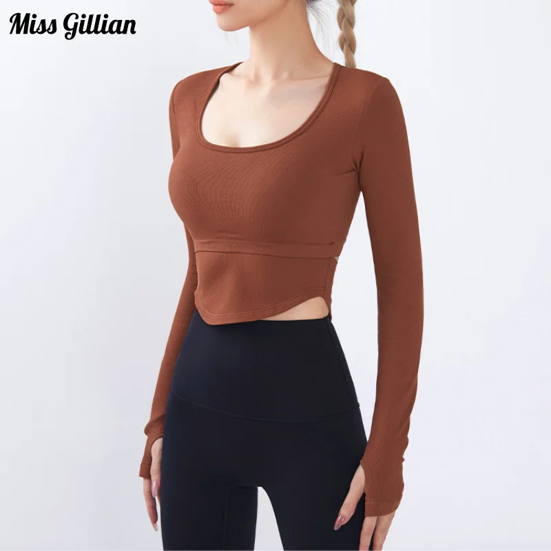 

Sports Style with Chest Pads Long Sleeve Crop Top Fitness Women's Clothing Solid Color O Neck Casual Tees Workout T-shirts Basic