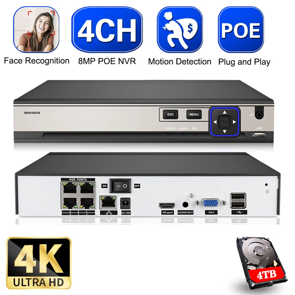 4K POE NVR IP Video Recorder 4CH Face Detection CCTV Security ...