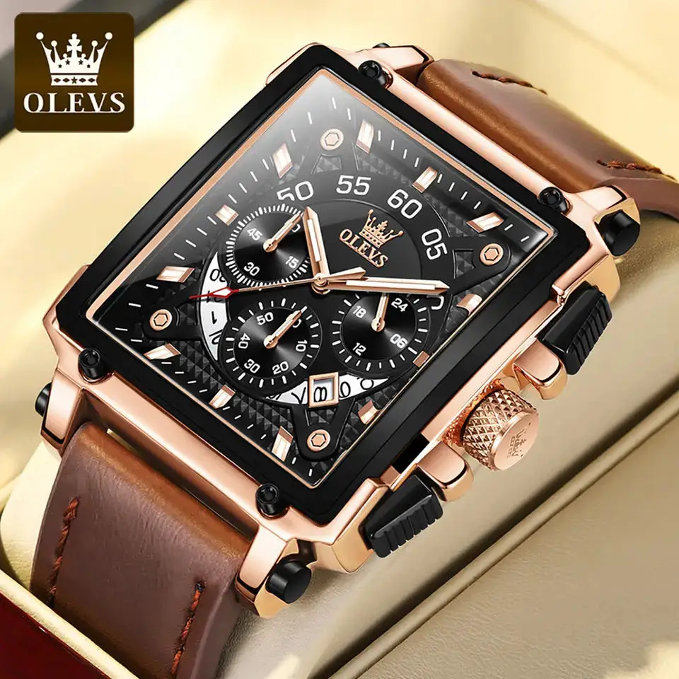 OLEVS Quartz Square Watches for Men Luxury Leather Strap Calendar Waterproof Luminous Wristwatches Sport Clock Relogio Masculino