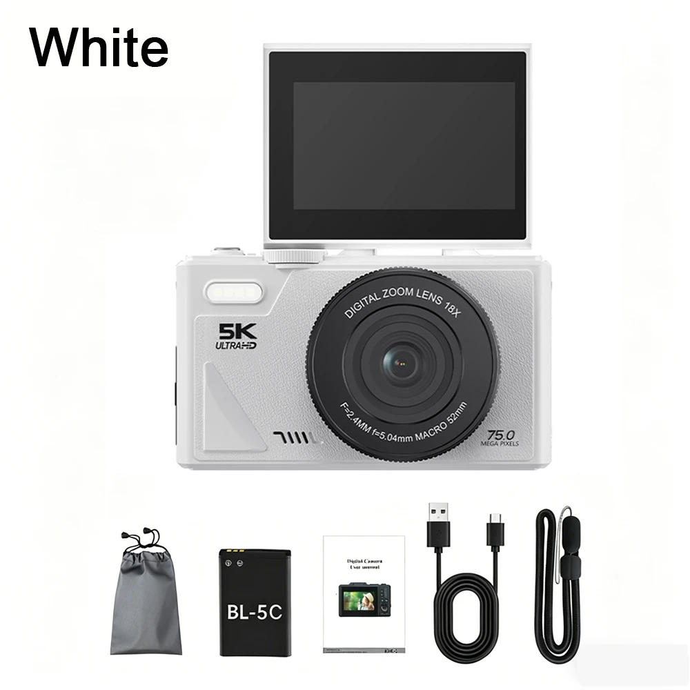 ApexTPHD 5K 레트로 디지털 카메라 75MP 사진 카메라 비디오 캠코더 브이로그 소녀 학생 성인 입문용 스크린 플립 카메라