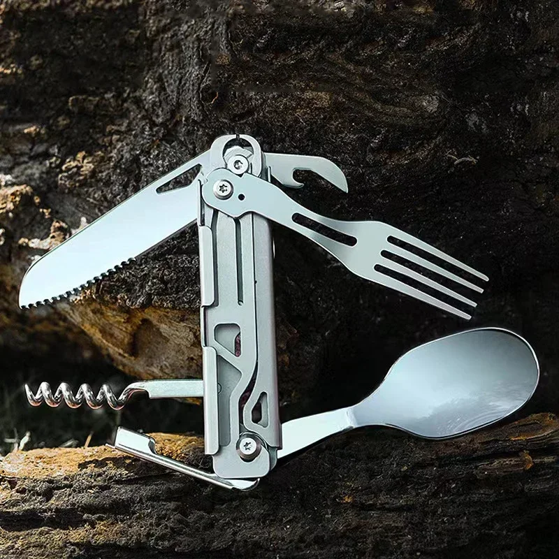 Multifunctional EDC folding outdoor tableware camping portable meal knife fork spoon bottle outdoor camping cookware titanium 3