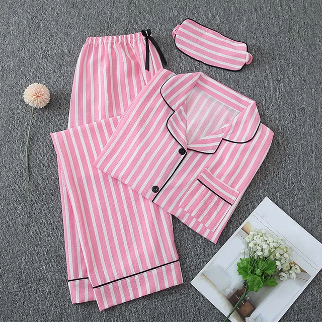 Women'S Pajama Set Long Sleeve Button Pajamas Two Piece Set Striped Sleepwear Casual Set With Eye Sexy Nightwear Women 3