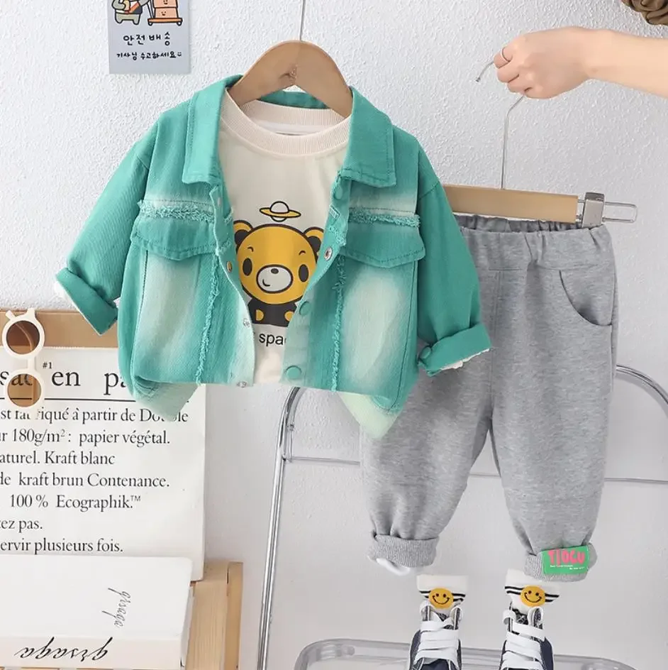 

Designer Children Boys Clothing Outfits Spring Fashion Tie-dye Denim Jackets Cartoon T-shirts Pants 3Pcs Kids Leisure Sport Suit