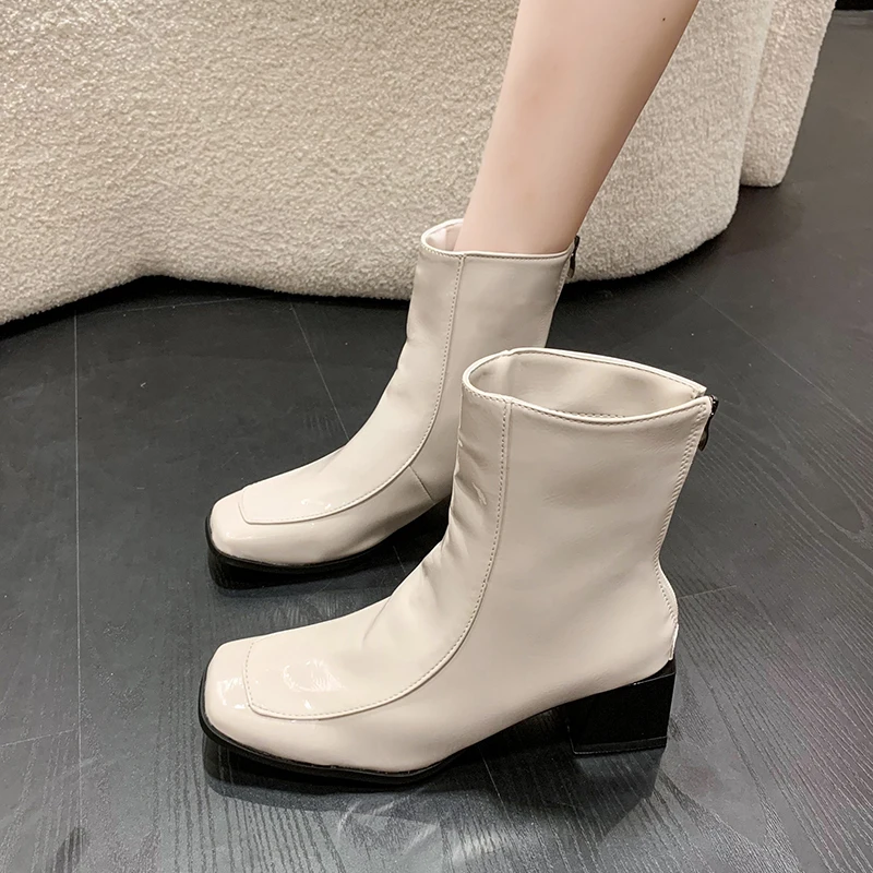 Square-toe Short Boots Women's 2023 Autumn and Winter New Korean Style High-heeled Boots Side Zipper Platform Boots Women Boots