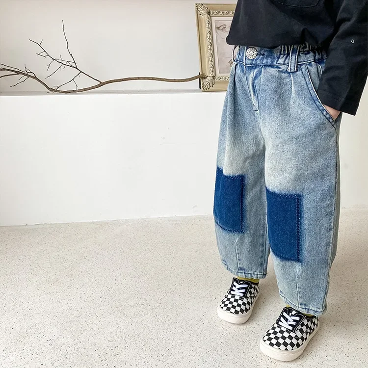 Korean style fashion patchwork jeans Boys fashion loose Sand washing denim pants 1-7Y