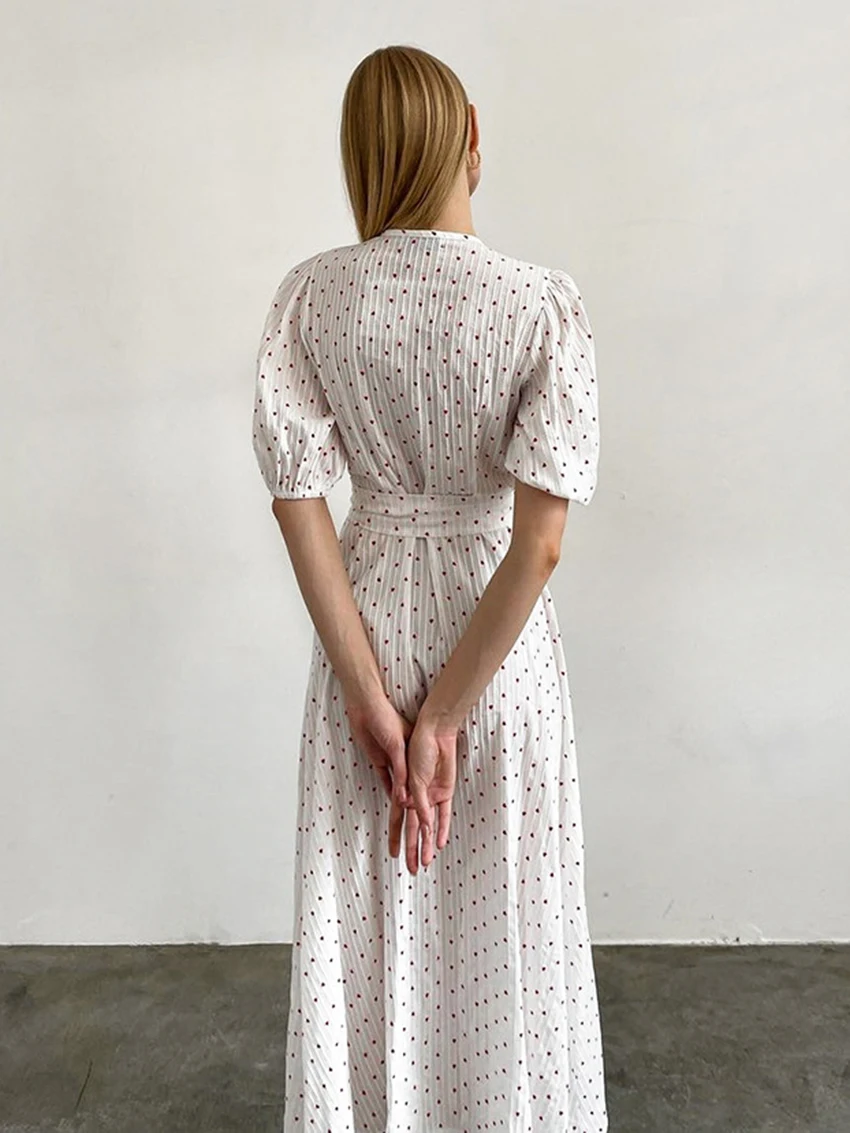 Mathaqiqi Printing Casual Ladies Sleepwear Sexy V-Neck Pajamas Half Sleeve Pyjamas Lace Up Nightwear Mid-Calf Dress Home Clothes