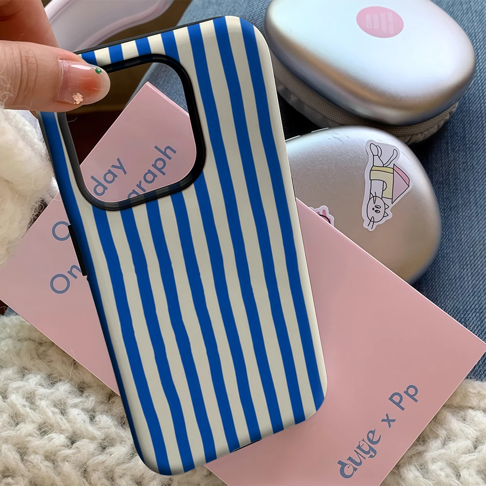 Luxury Double-Layer Back Cover with Nautical Blue & Cream Stripes