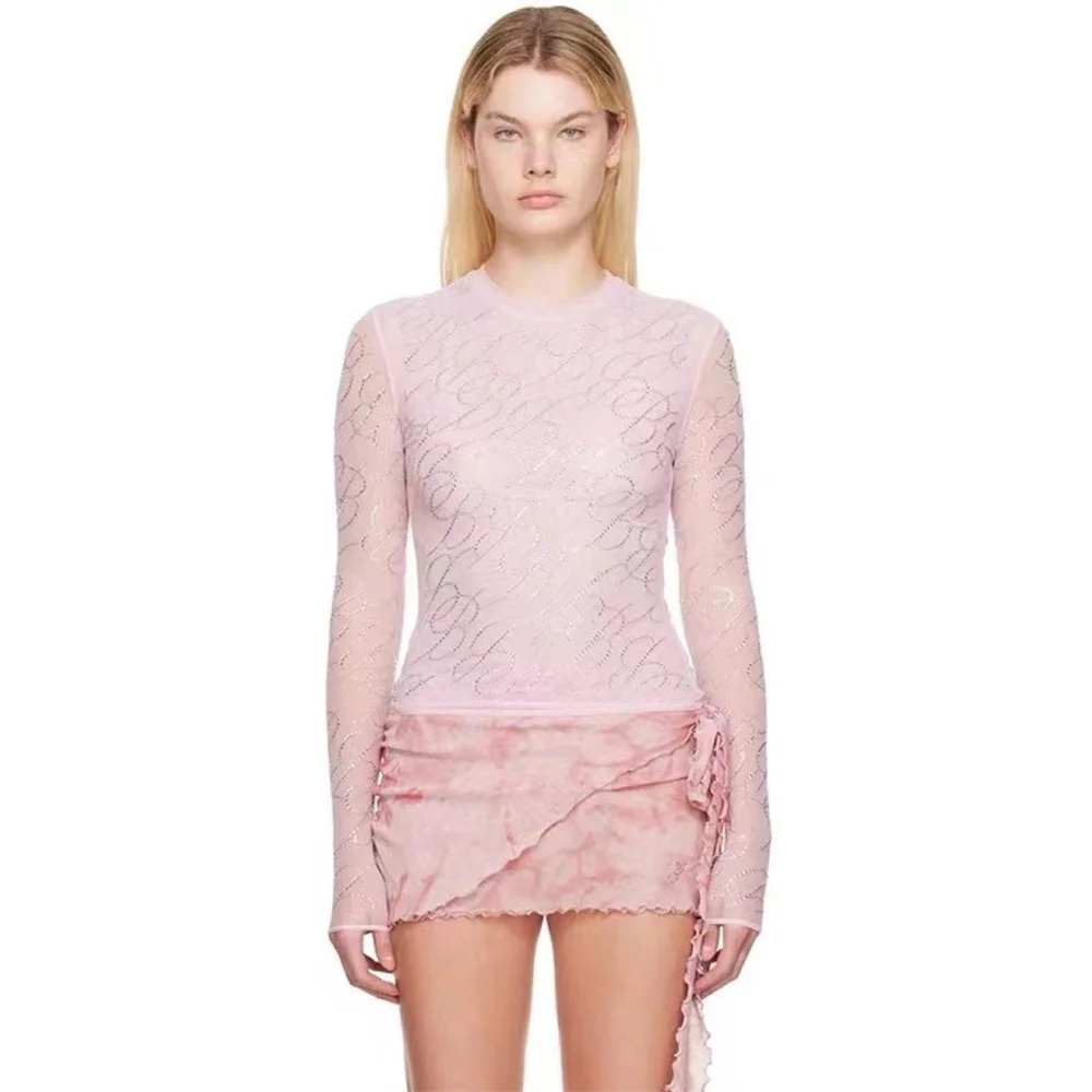 

Брендовый дизайн, украшение из кристаллов, эластичная облегающая двухслойная Тюлевая футболка с круглым вырезом и длинным рукавом, Женский Осенний Топ, Новинка