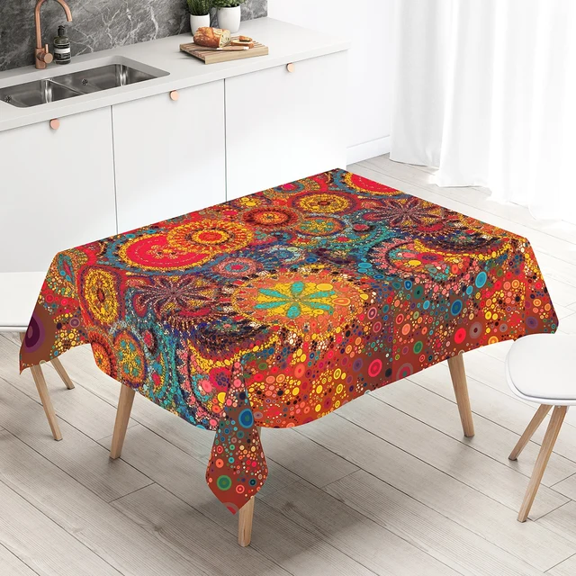 Nappe ronde en polyester à motif floral bohème, couverture de table circulaire, imperméable, pour document, terrasse, table à manger, grill pour la maison 6