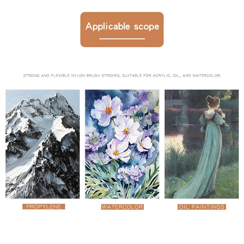 12개 나일론 브러쉬 세트, 나일론 플랫 브러쉬 수채화 브러쉬 유화 브러쉬 아티스트 아마추어 아크릴 페인팅용