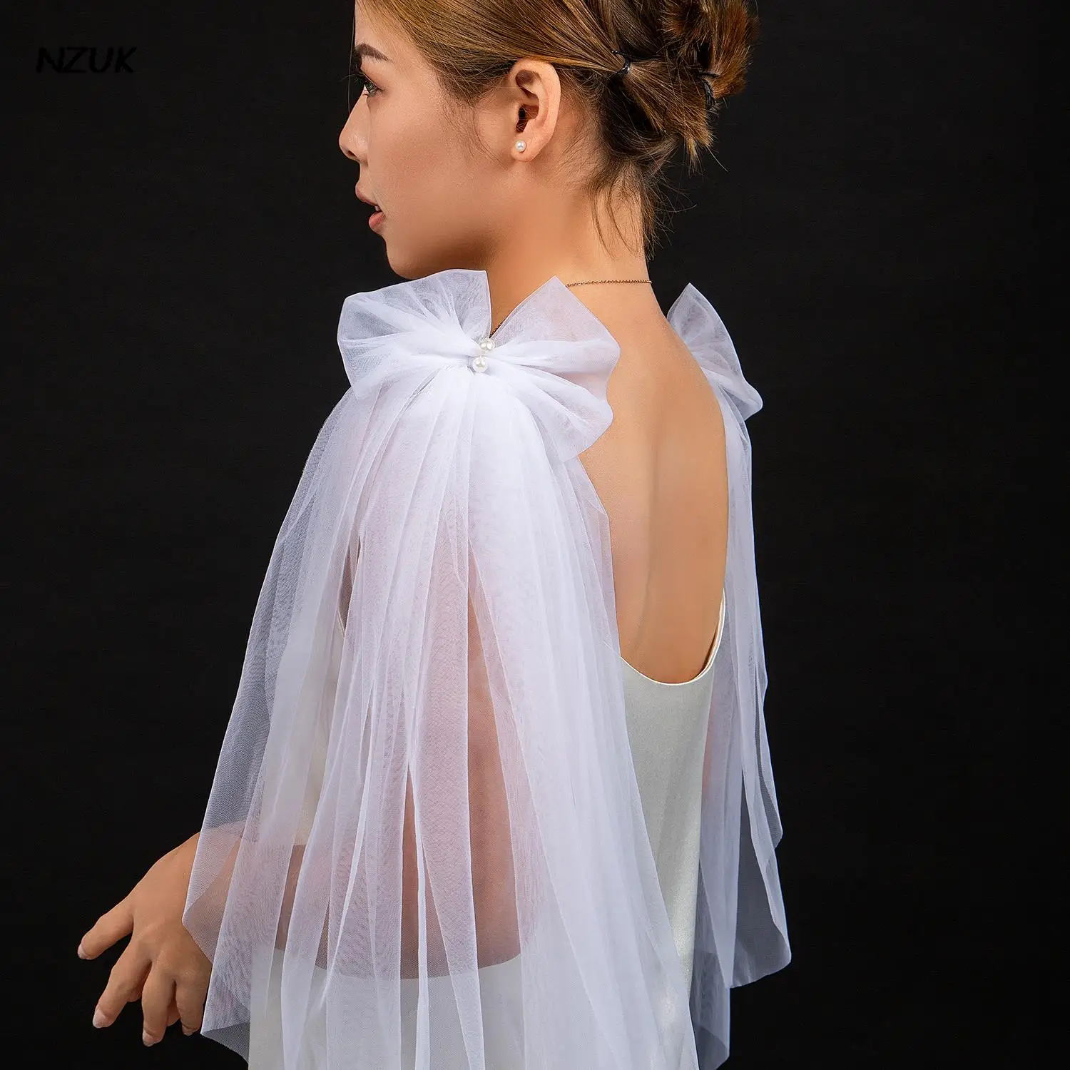 NZUK 2PC Sparking Bridal Wings Veil with Bow  Wedding Shoulder Veil Removable Sleeves Shrugs for Women Summer Elegant Shawl